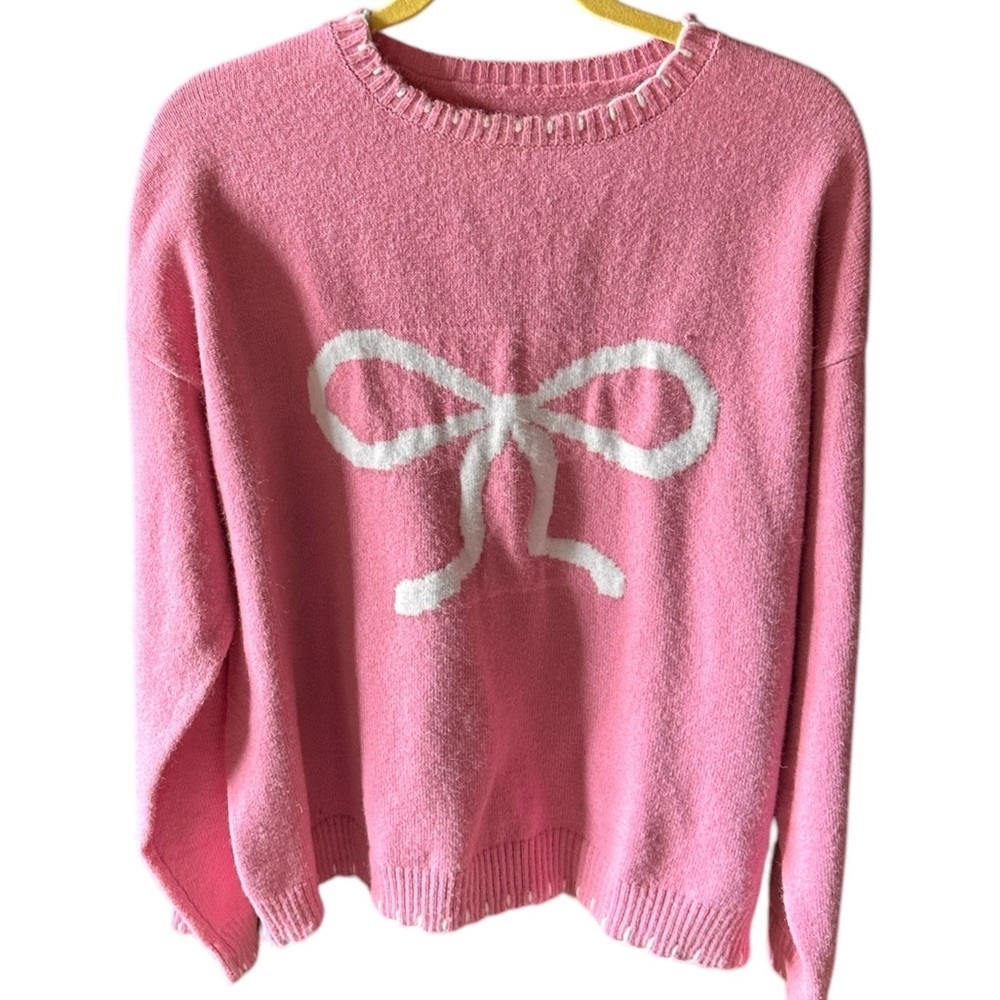 Yozy XXl pink drop shoulder sweater with large white bow. Non itchy & thick,Nwt. - Picture 3 of 16